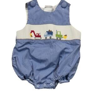 Stitchy Fish Boy 9M Baby Jon Jon Blue Gingham Smocked Digger Trucks Preppy